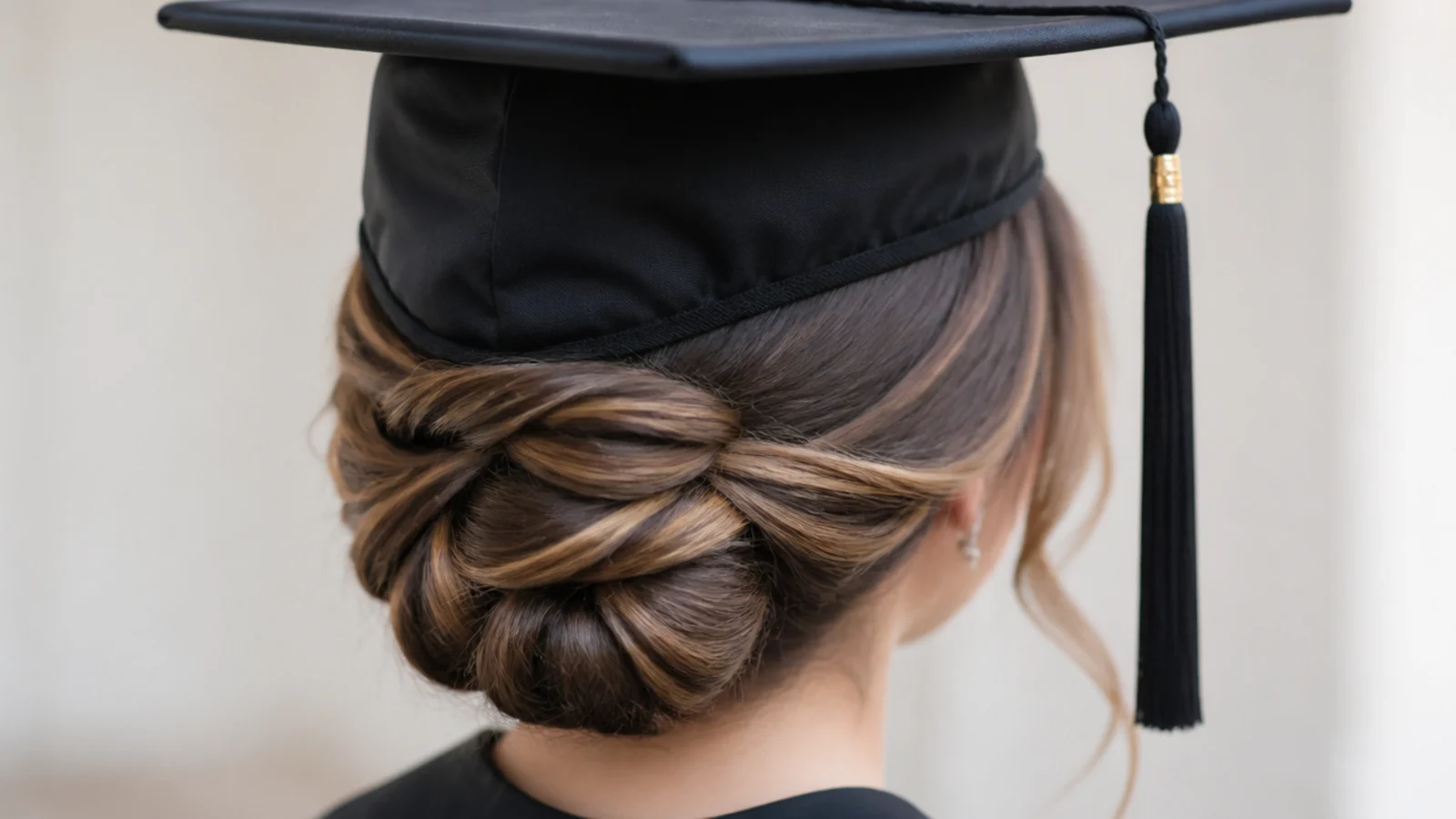 A practice updo being attempted in front of a bathroom mirror