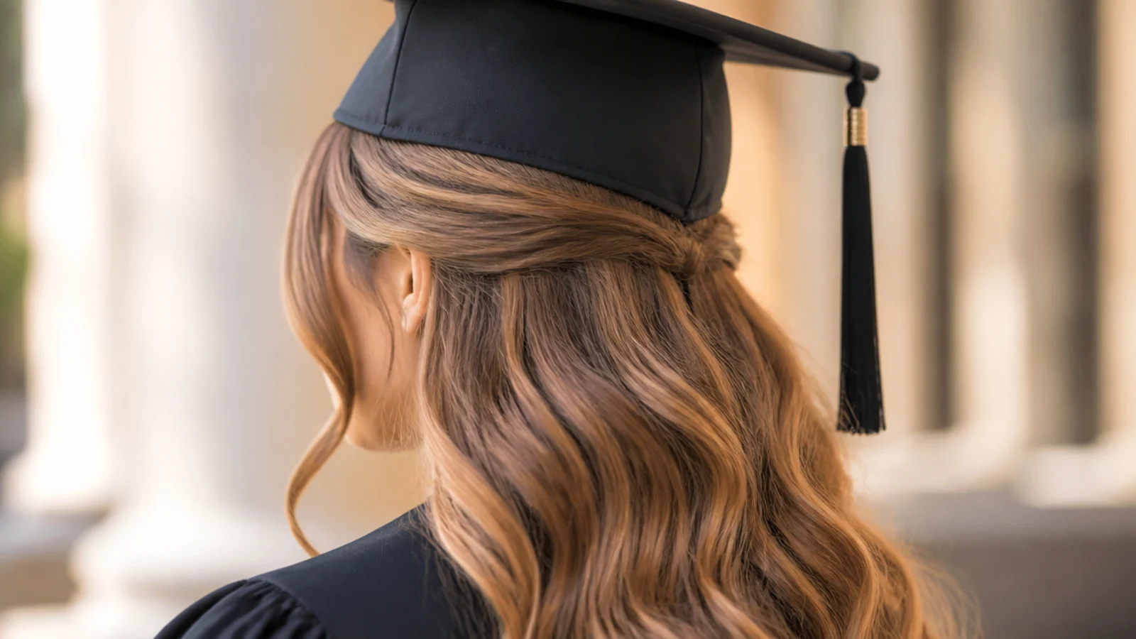 A finger tracing the bottom edge of a mortarboard band around the head