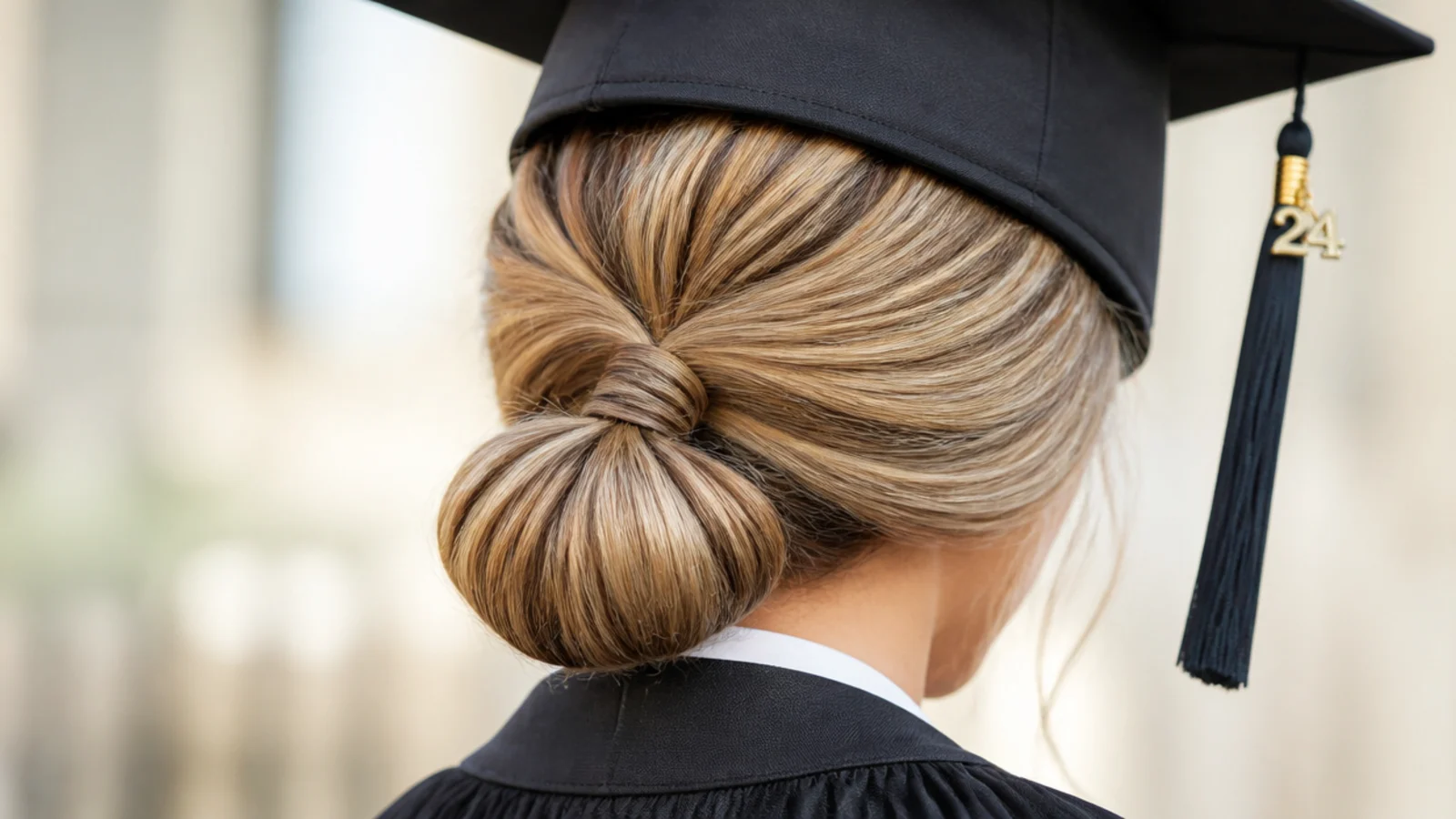 A clear silicone elastic securing a low ponytail