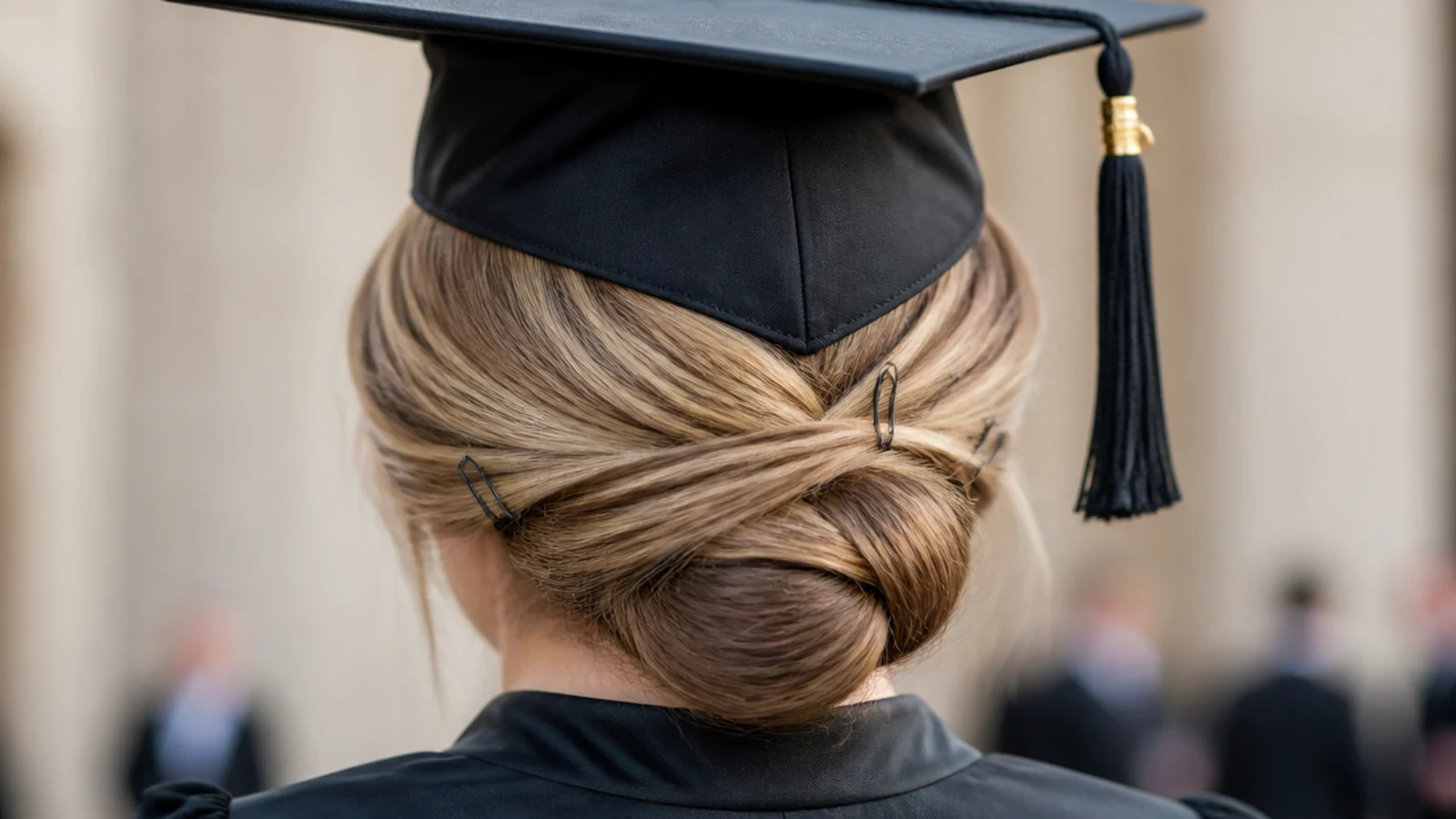 U shaped pins being pushed through a coiled chignon