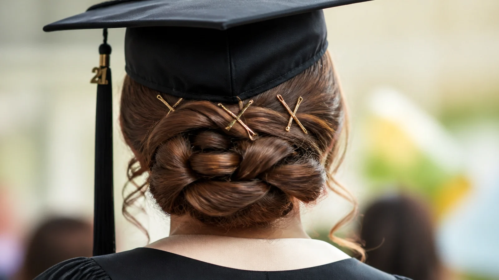 Two bobby pins crossed in an X at the base of a bun