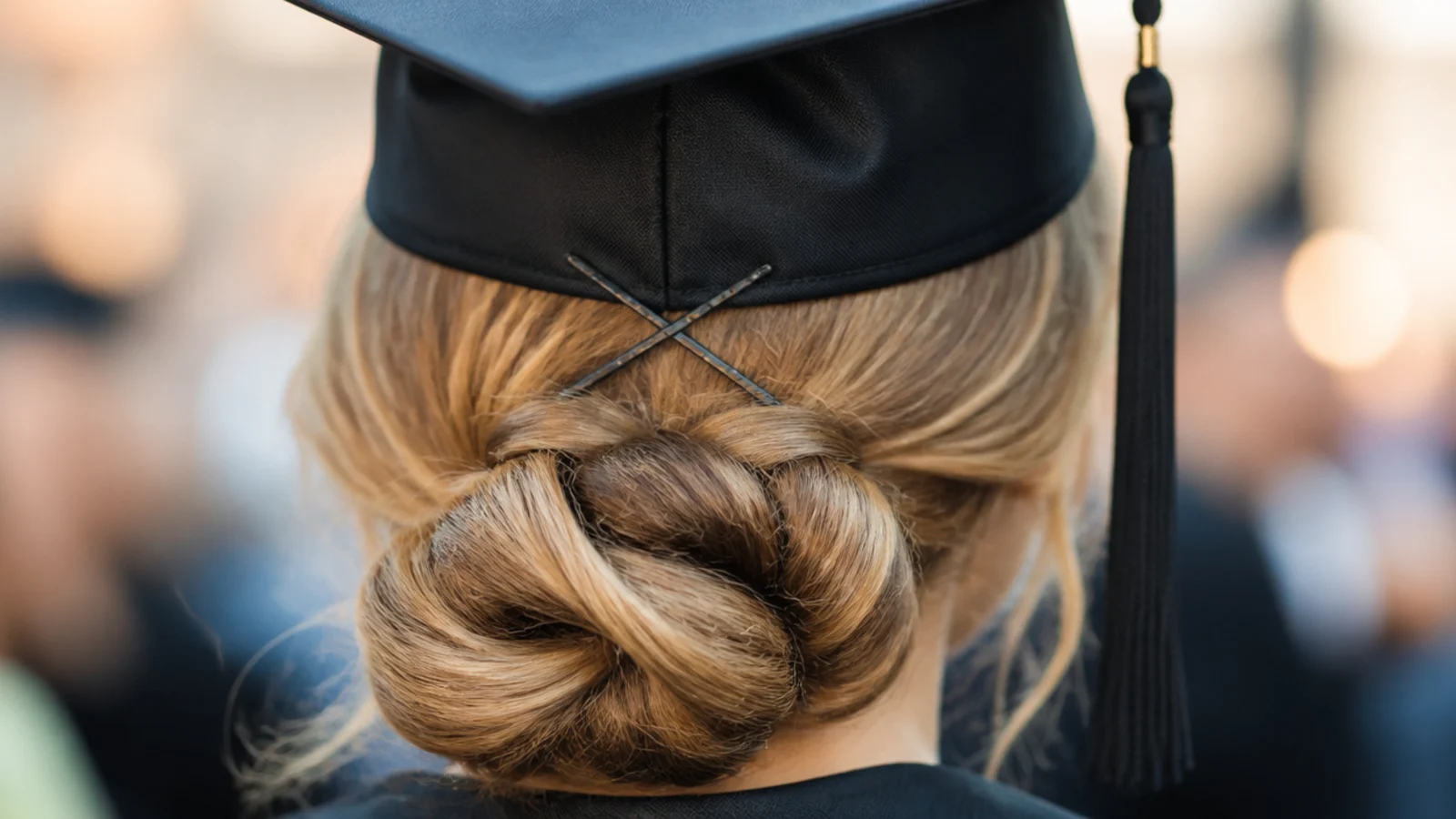 A bobby pin being pushed through the inner band of a mortarboard into a bun