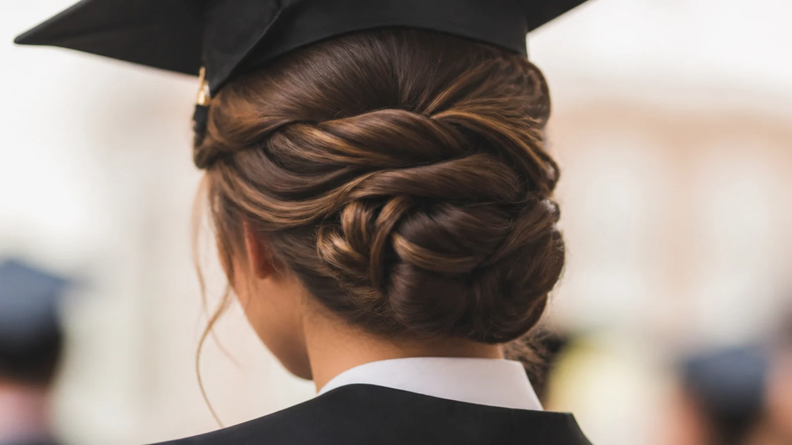 A mortarboard being lifted away from an intact low updo