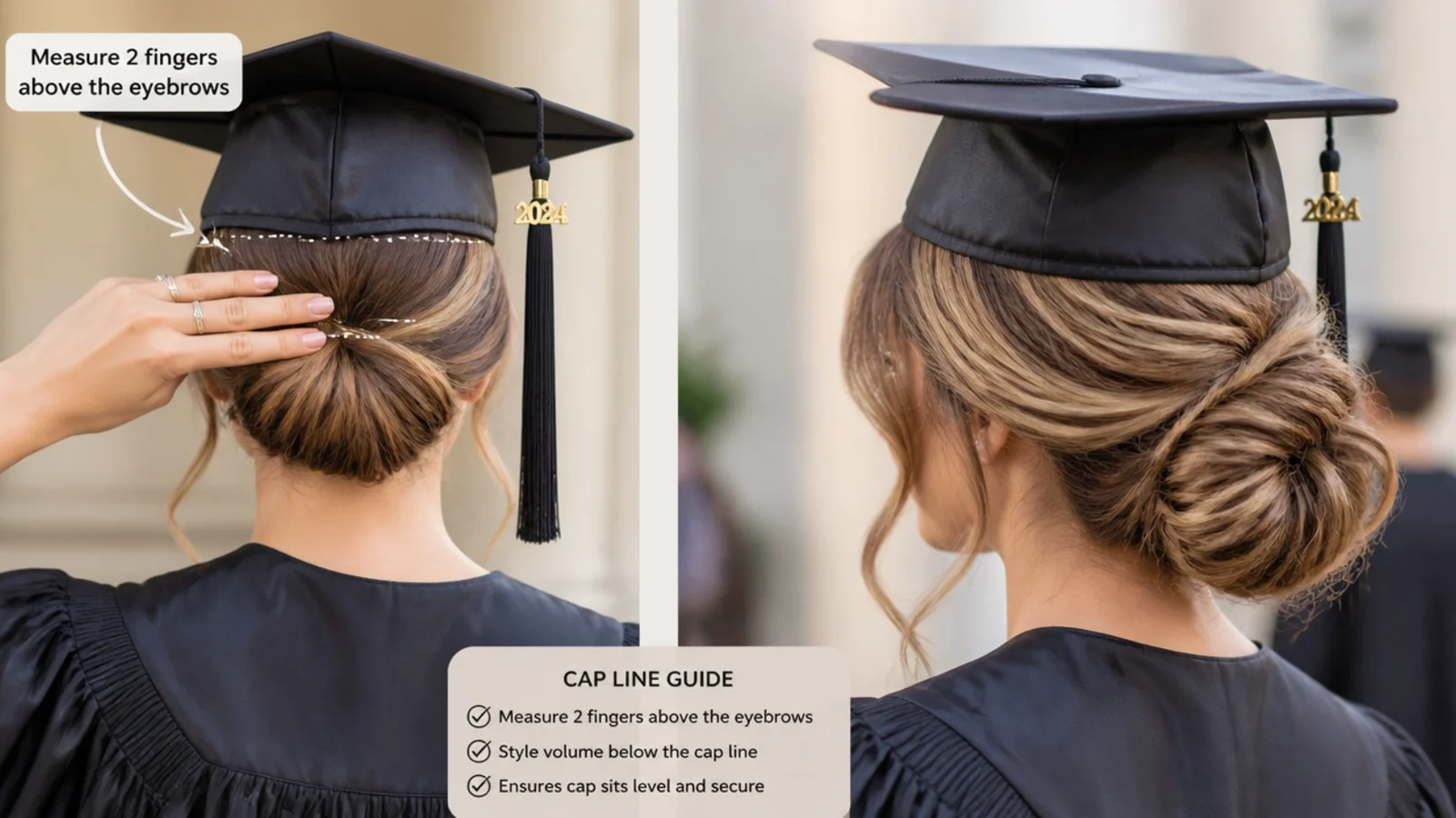 A mortarboard being fitted while a finger marks the band line at the back