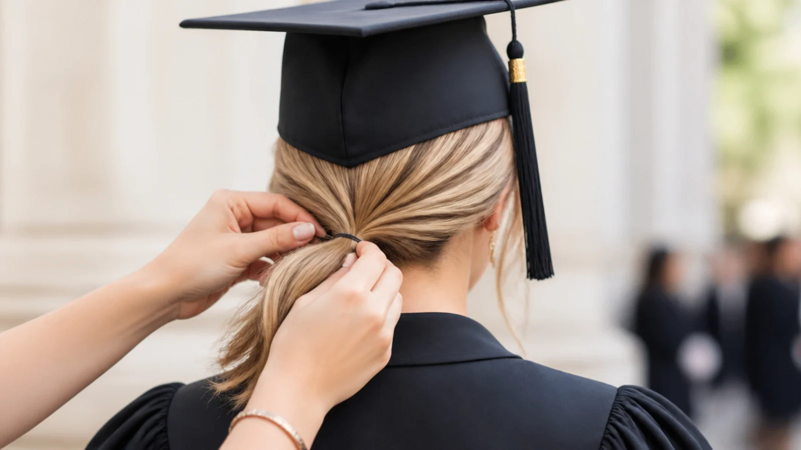 A low ponytail tied with a clear elastic and flipped through at the base