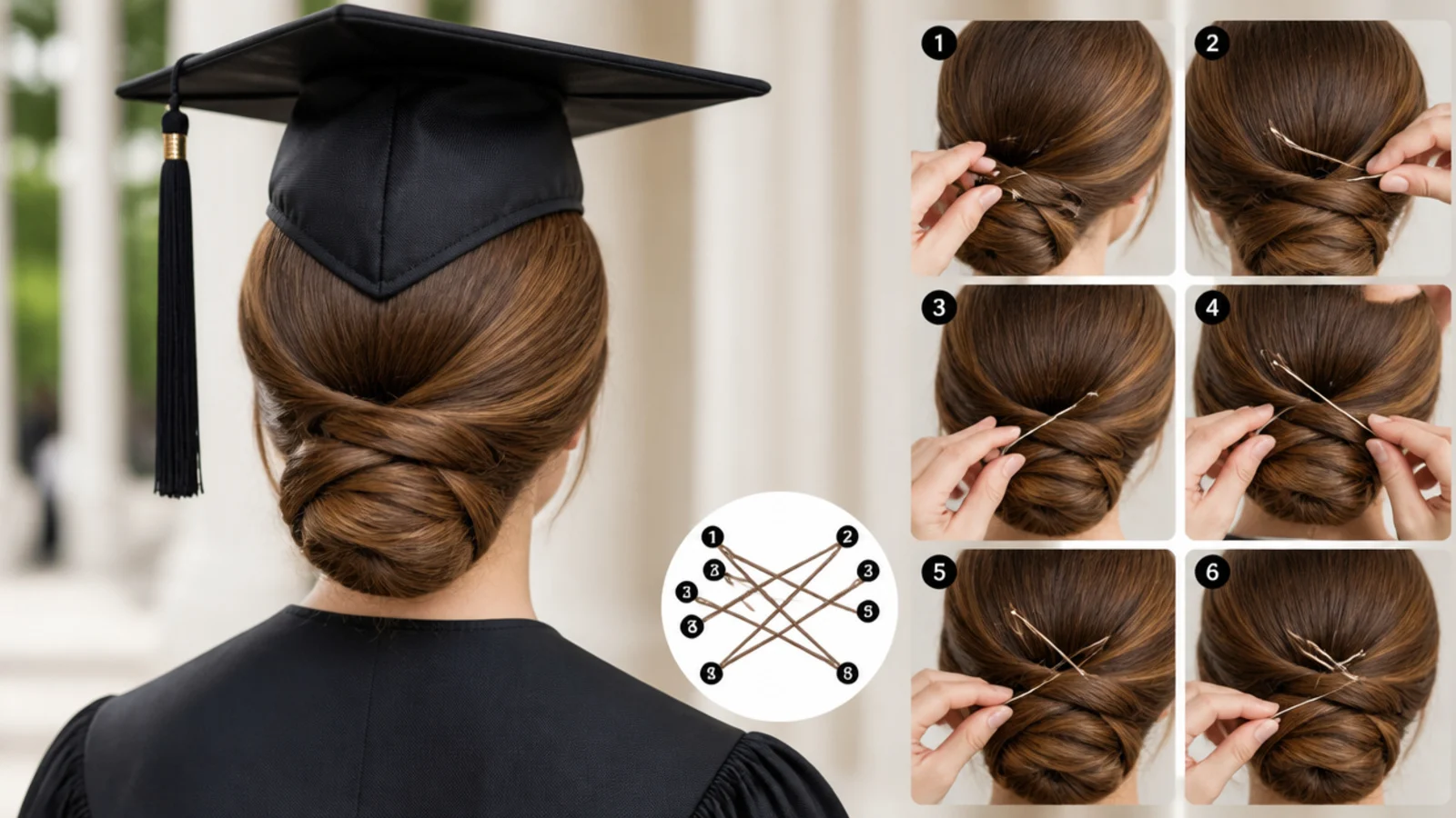 U pins and crossed bobby pins being set into a finished chignon