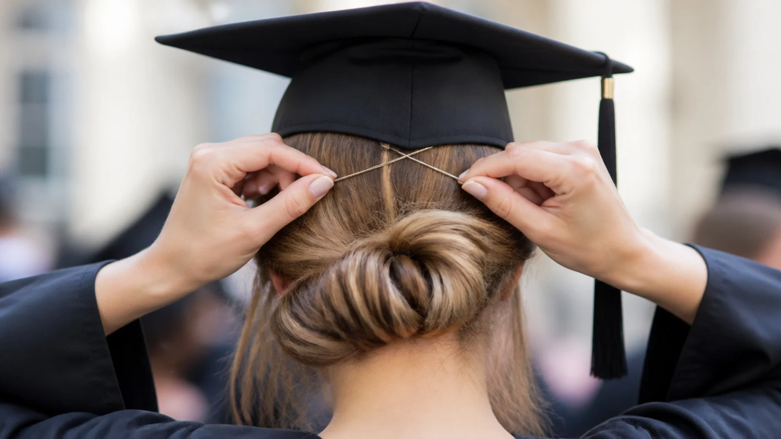 A mortarboard being lowered onto a finished low updo and pinned at the band
