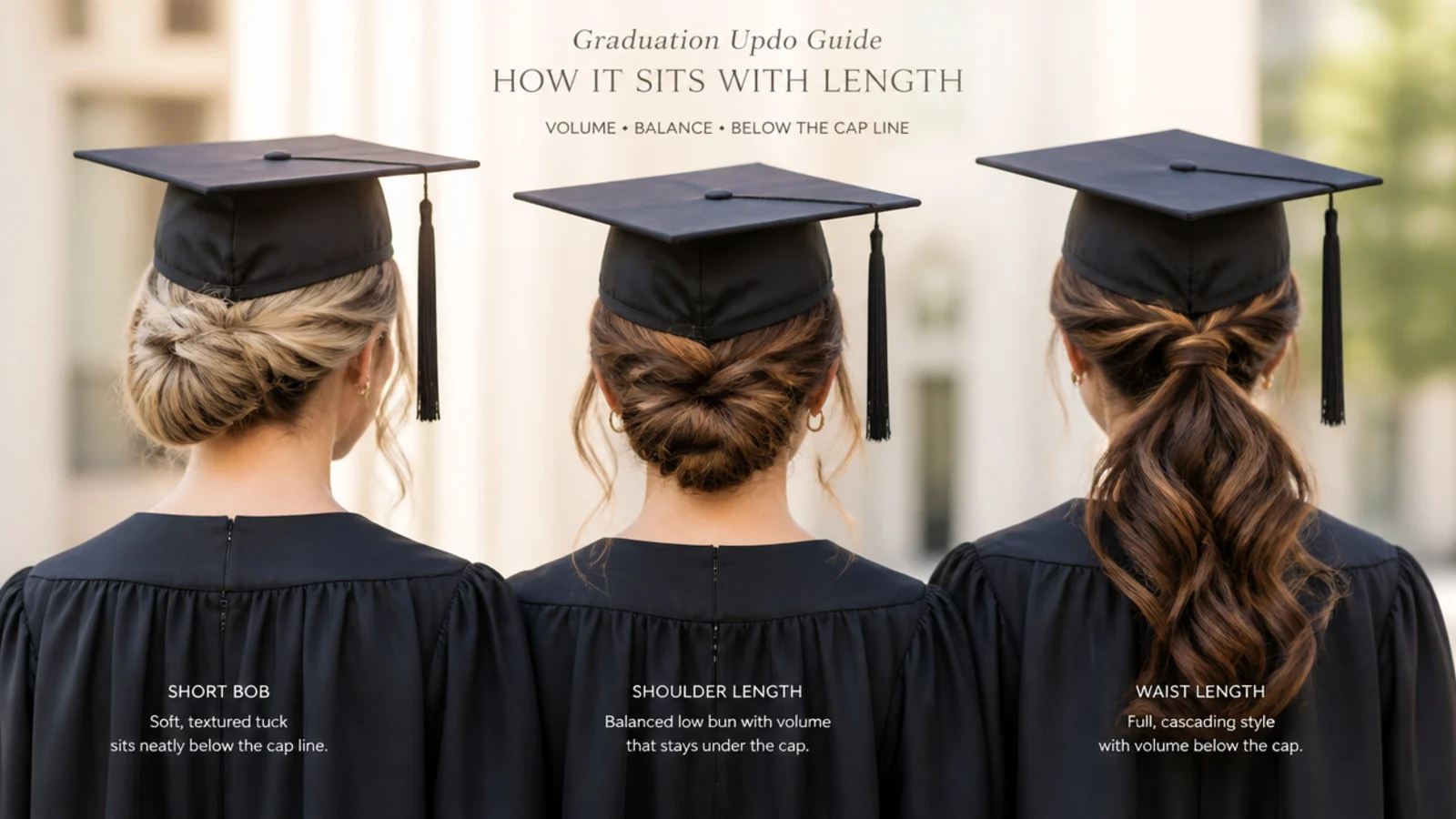 The same low updo shown on short, mid length and long hair