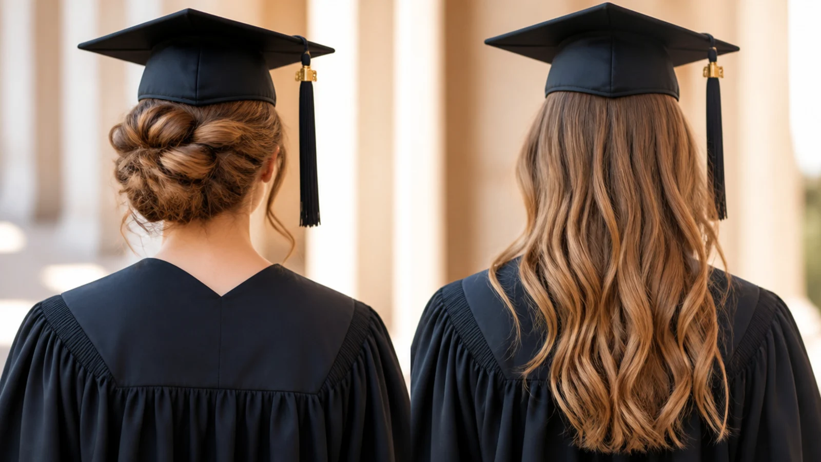 Two graduates side by side, one with a low updo and one with hair worn loose