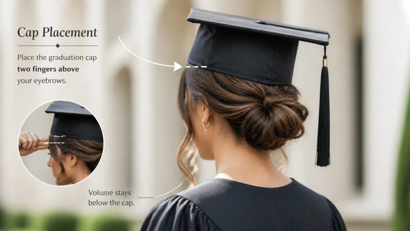 Side view showing a mortarboard band resting above the brow and on the base of the skull