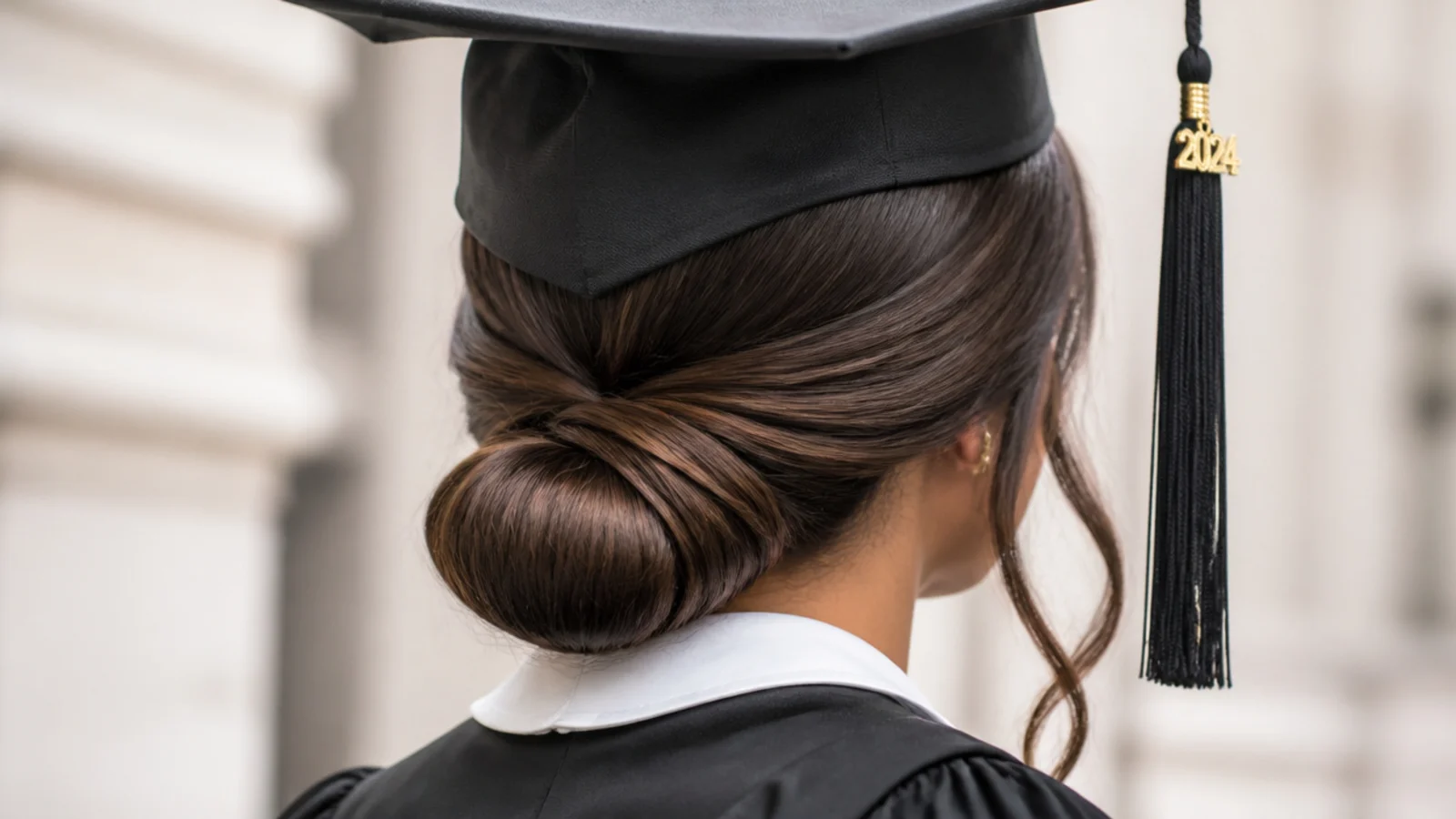 A glossy low bun with a smoothly slicked crown
