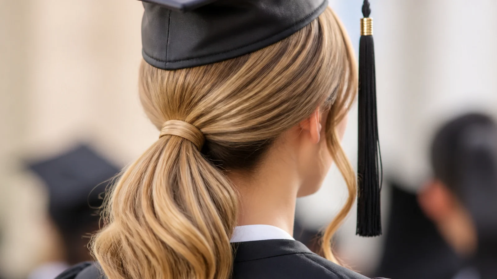 A slicked back low ponytail falling below the collar of a gown