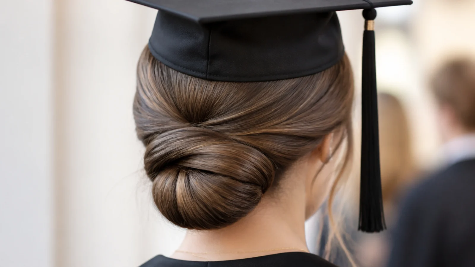 A sharp centre parting above a smooth low chignon