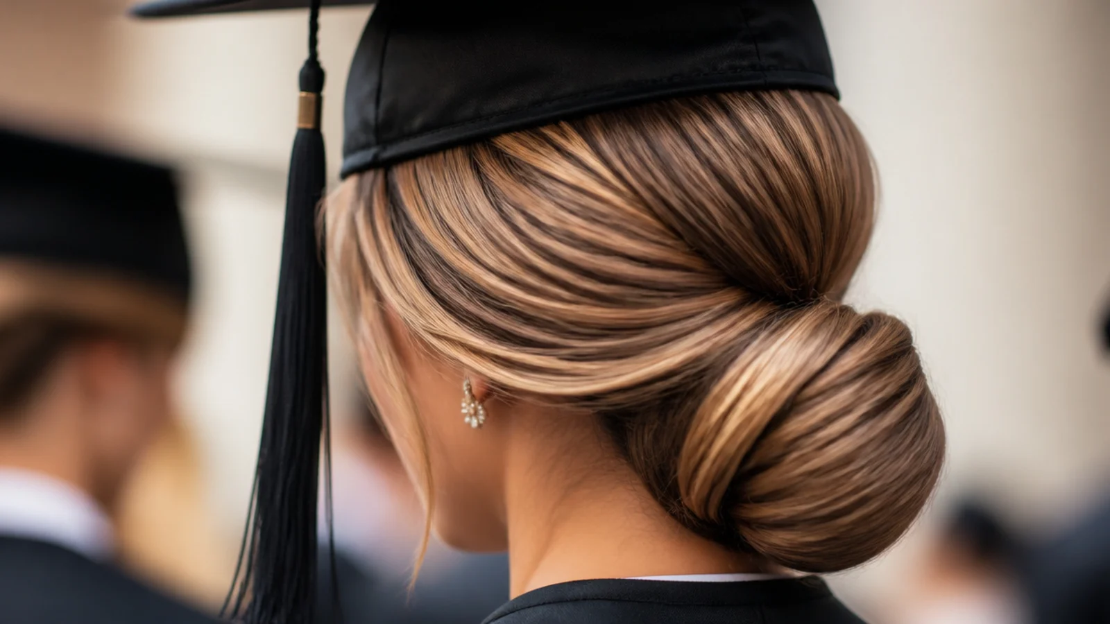 A deep side parting sweeping across to a low pinned bun