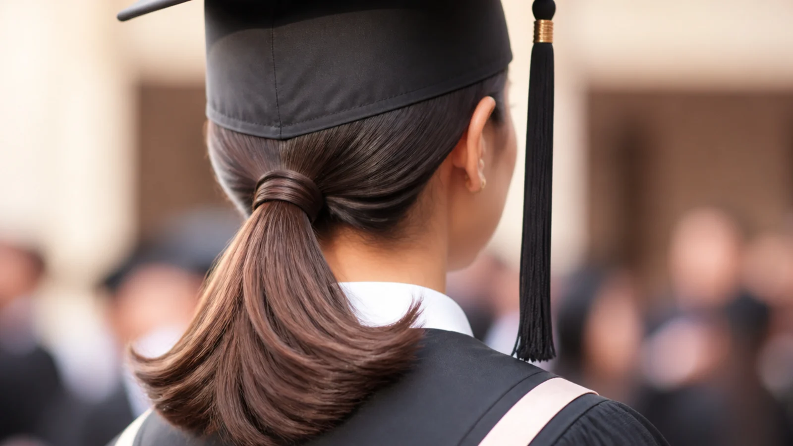 A smooth slicked crown above a curled ponytail