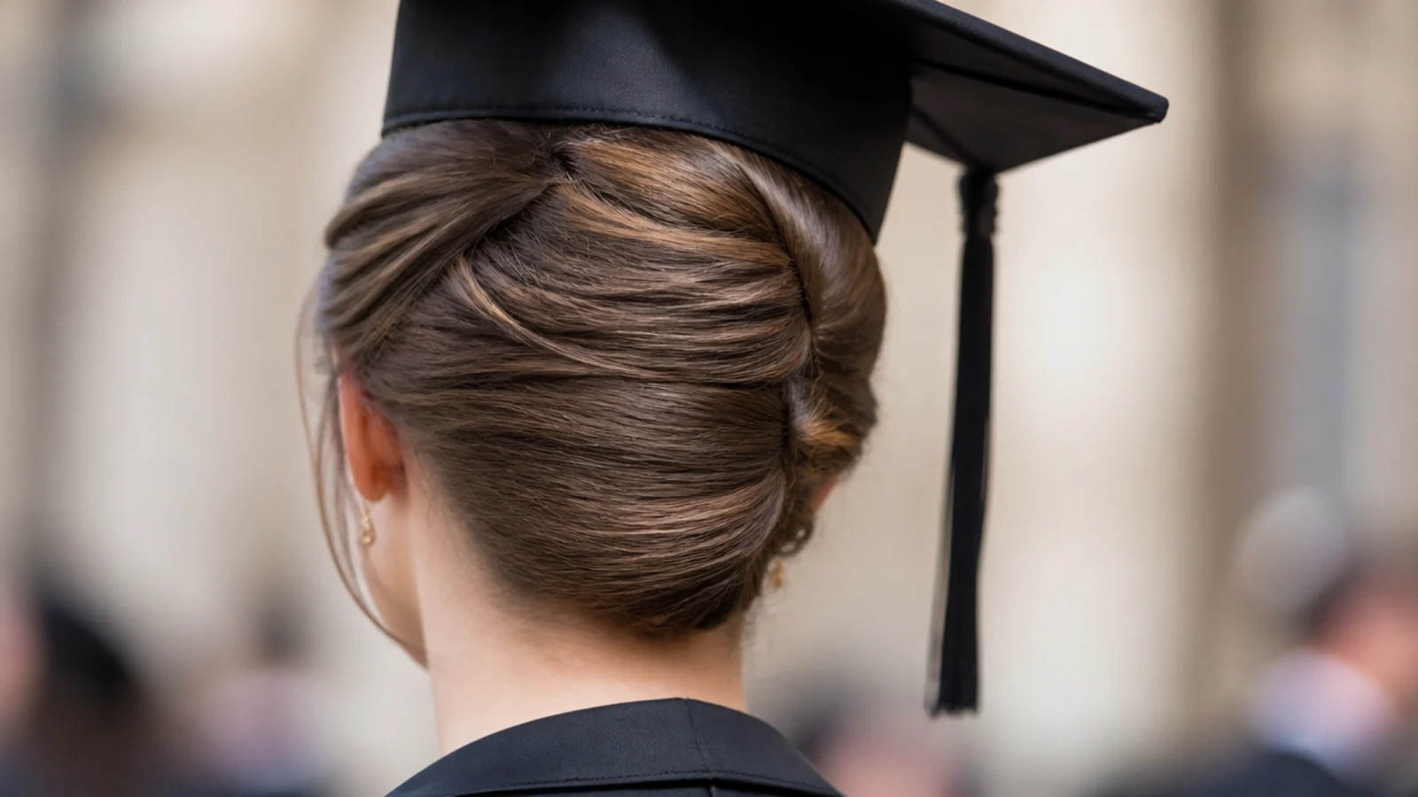 A smooth vertical French twist pinned at the back of the head