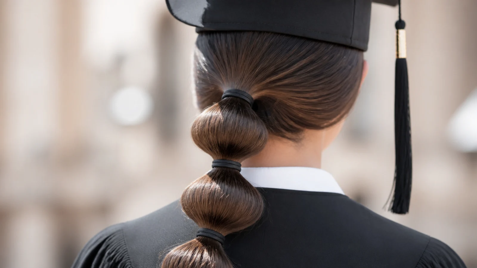 A sleek ponytail segmented into bubbles with clear elastics