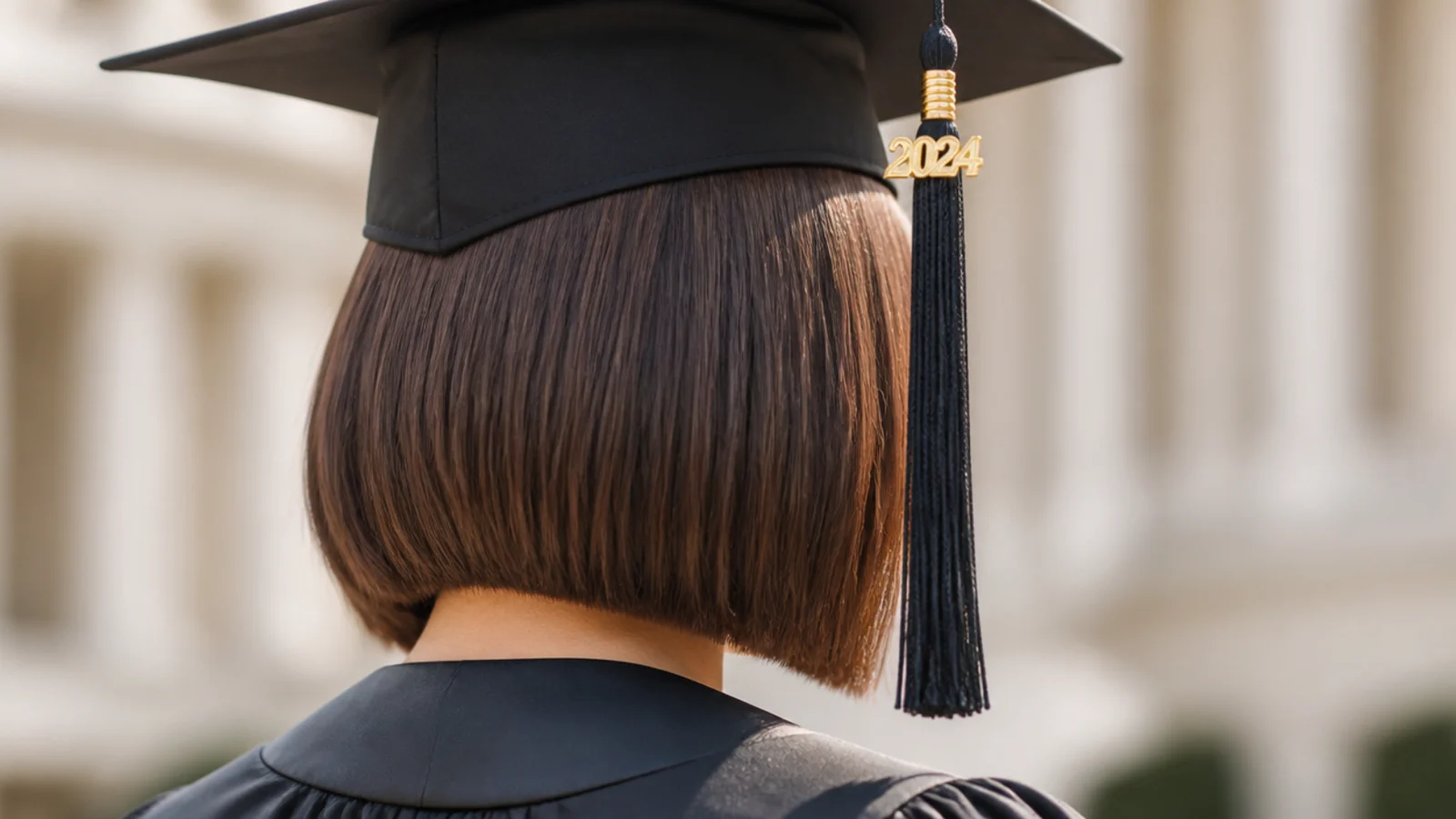 A chin length bob ironed to a flat glossy surface