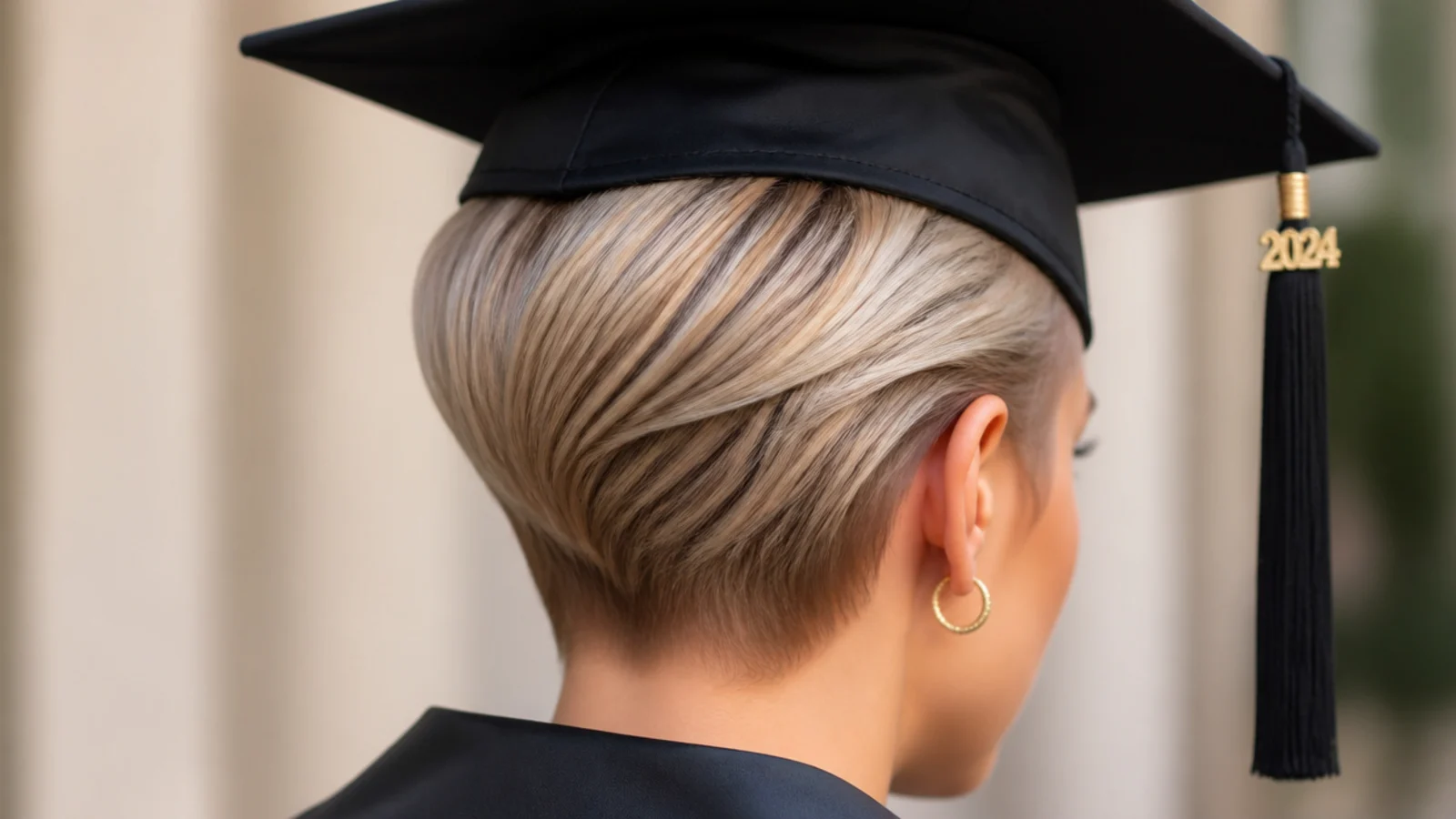 A short pixie cut styled smooth and close to the head