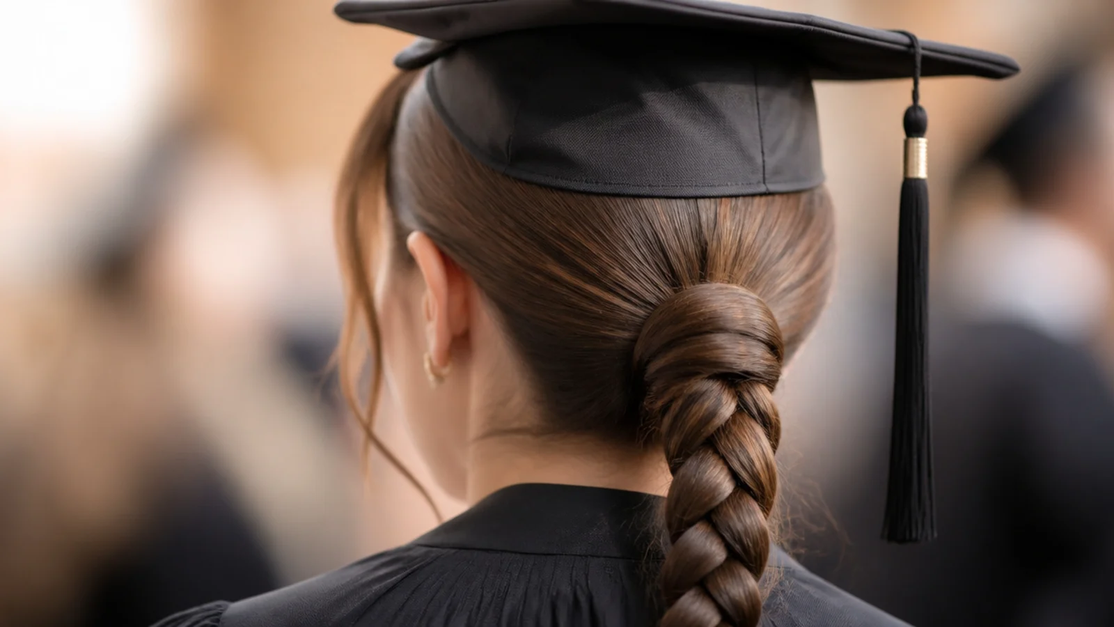 A smooth braided ponytail falling from a slicked crown