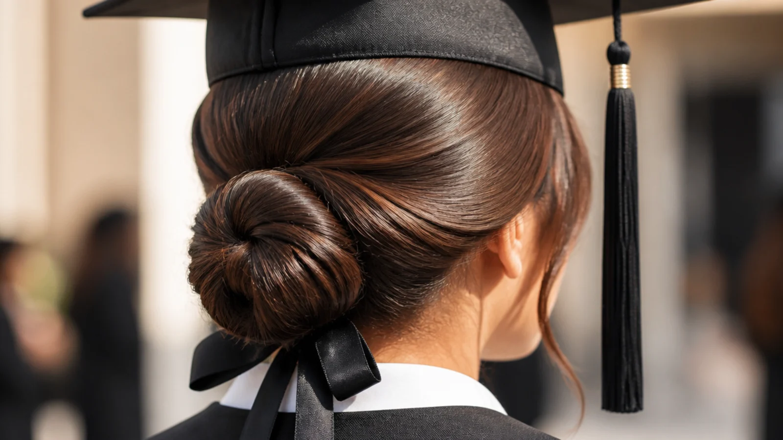 A ribbon tied around the base of a sleek low bun