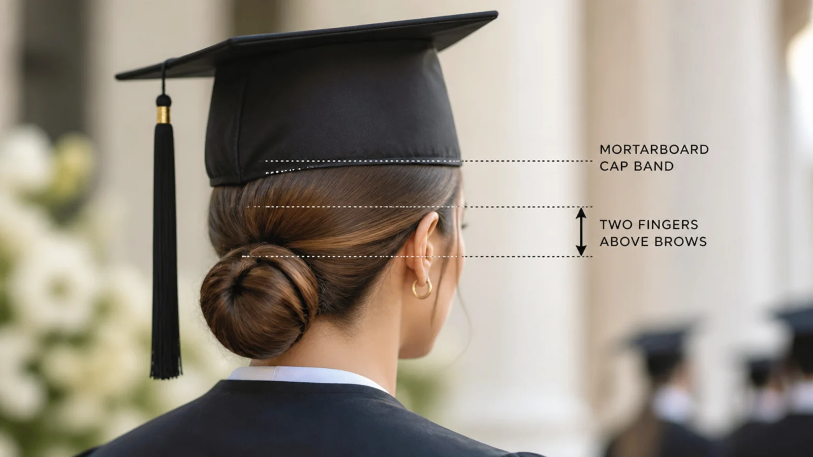 Close view of a mortarboard band crossing a slicked back hairline