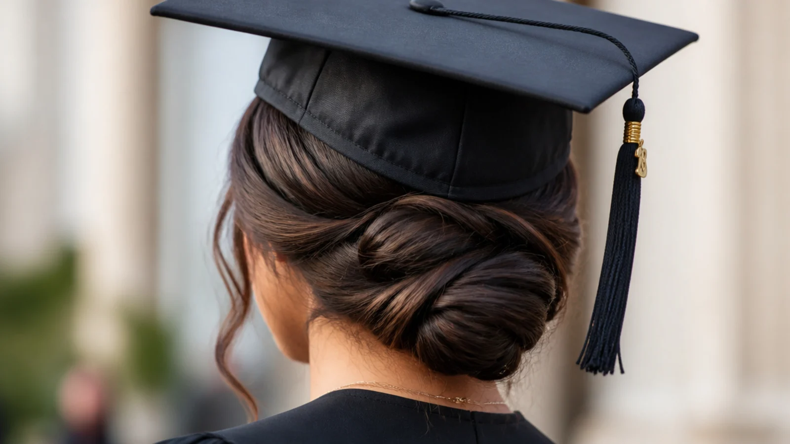 A smooth coiled chignon pinned at the nape below a gown collar
