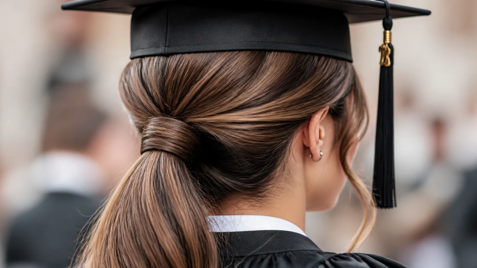 A sleek low ponytail tied at the base of the skull