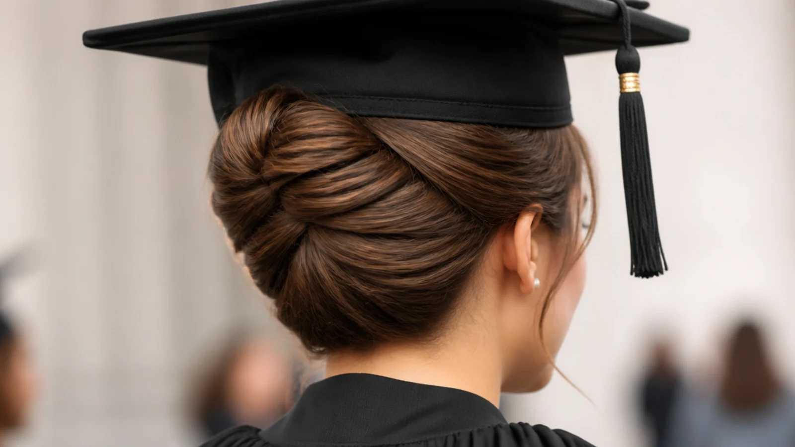 A vertical rolled French twist pinned up the back of the head