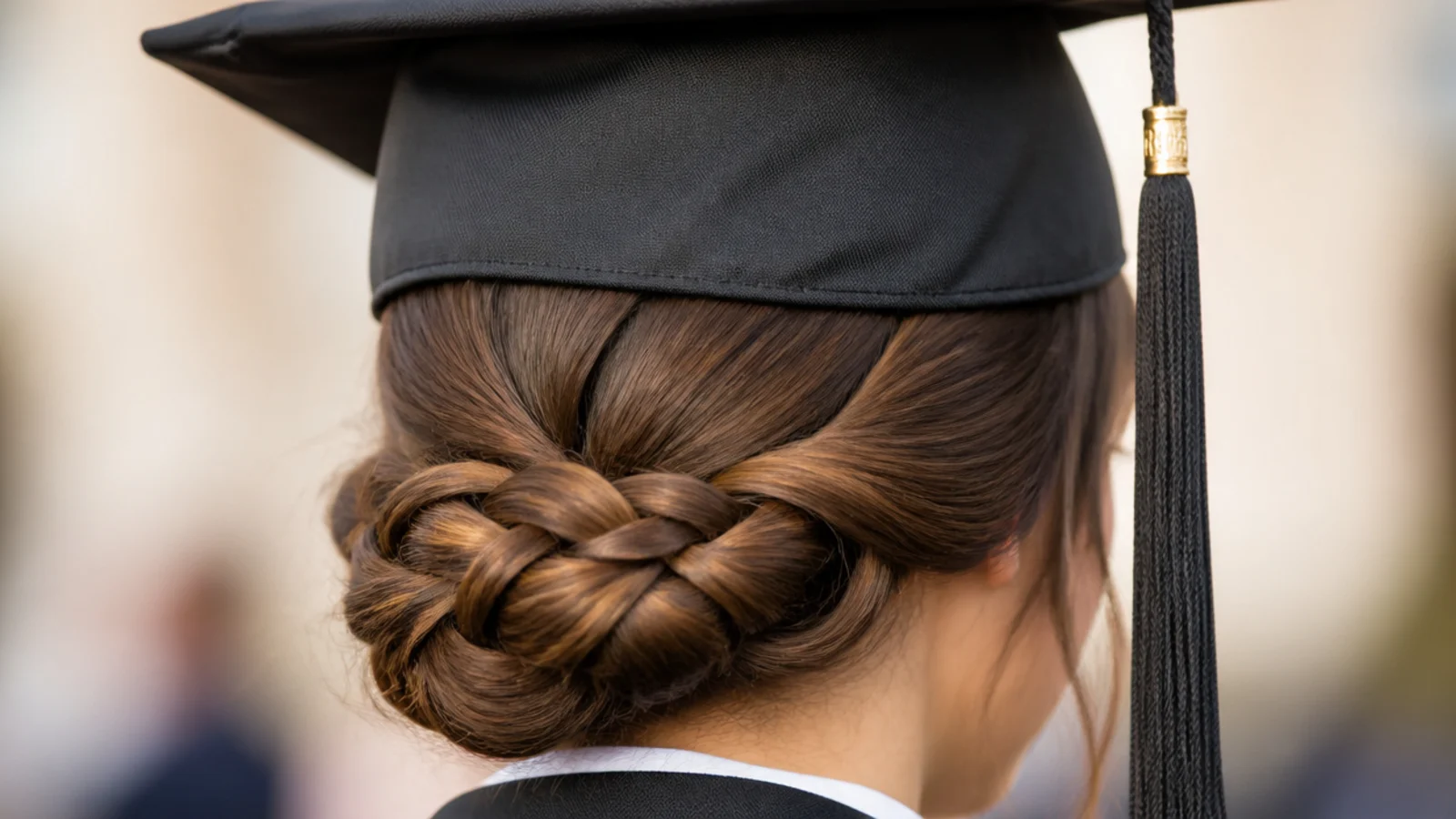 A braid coiled into a low bun at the nape