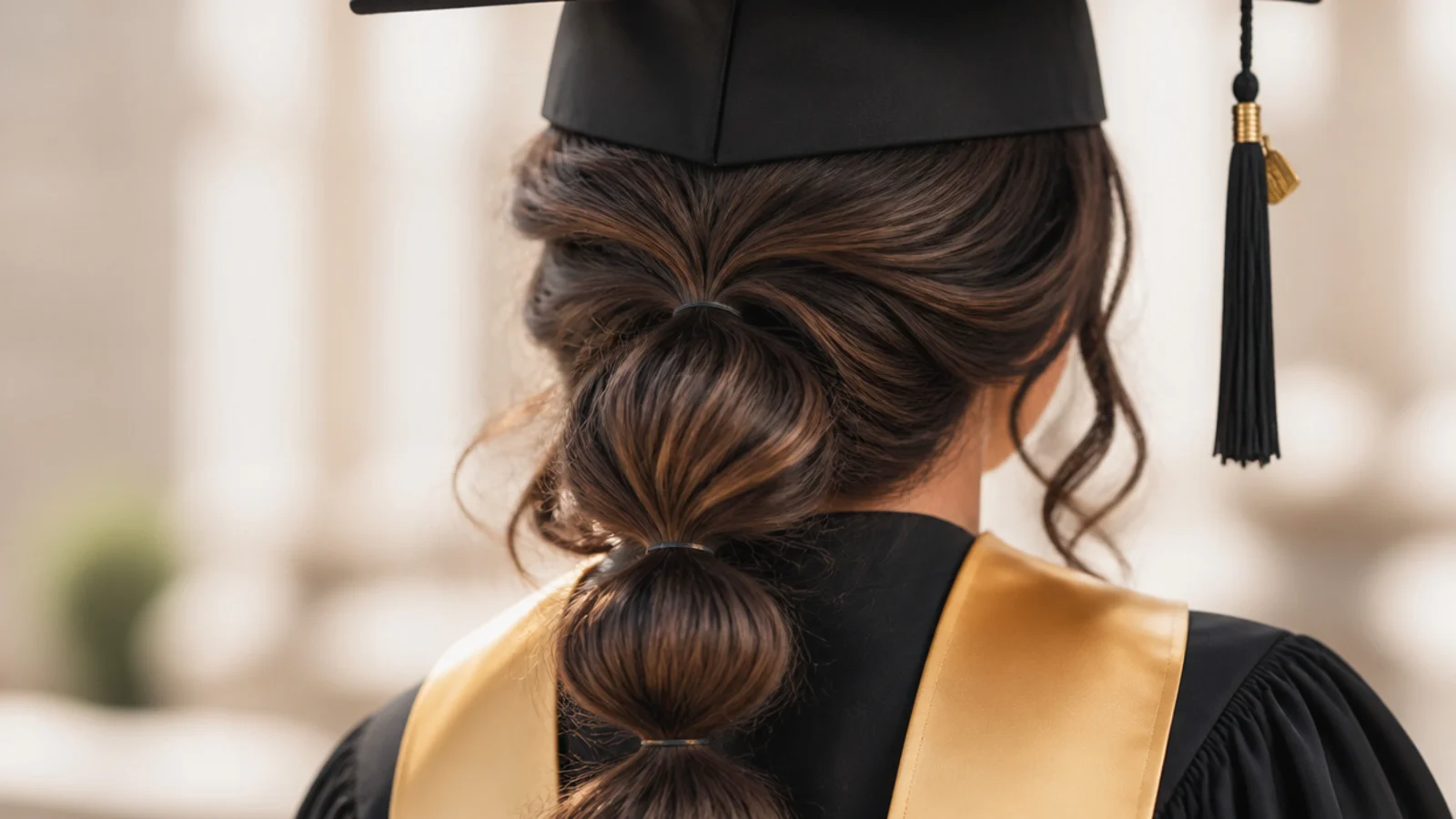 A half up ponytail segmented with clear elastics into bubbles