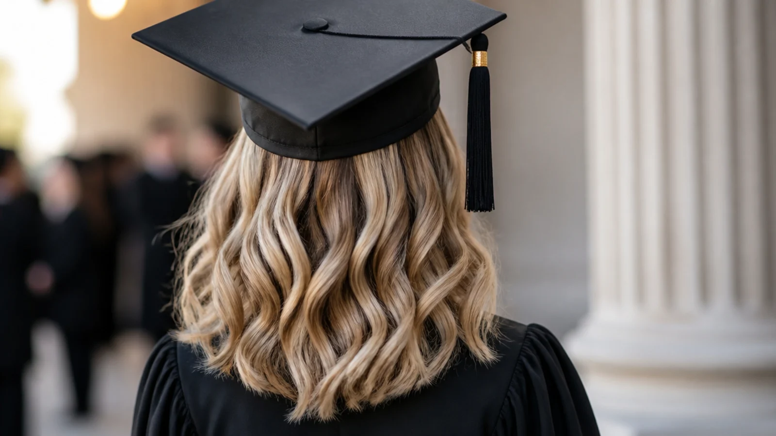 Loose beach waves falling below the shoulders under a cap