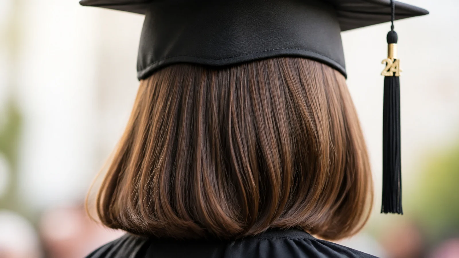 A blunt chin length bob worn loose beneath a mortarboard