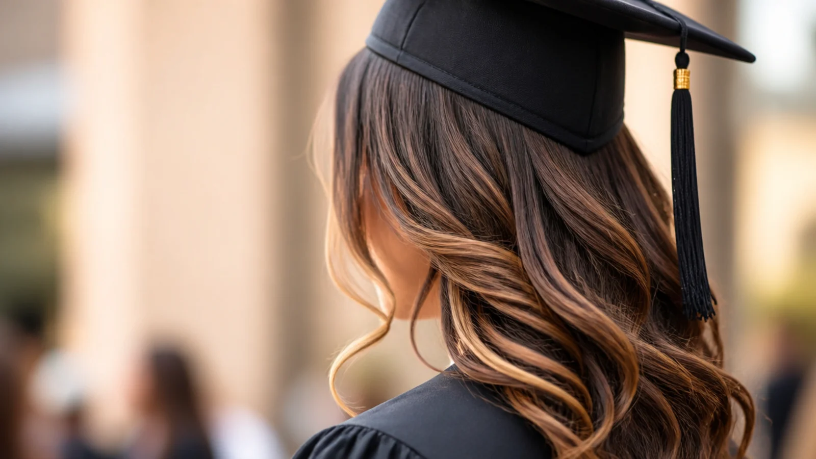 Lighter face framing pieces beside a graduate's face under a cap