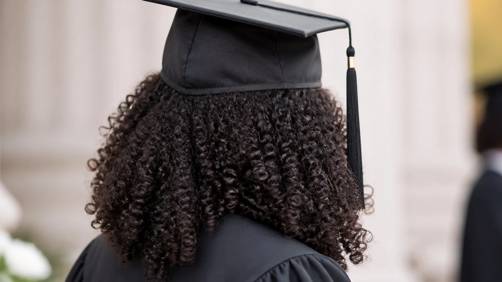 Defined natural curls worn loose below a mortarboard