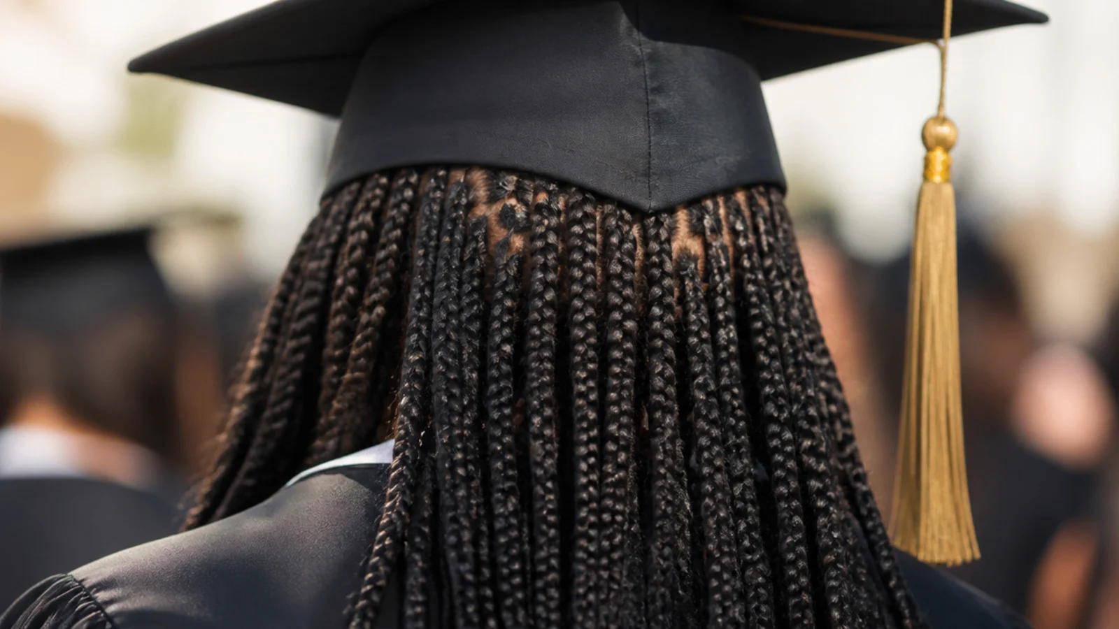 Long knotless braids worn down beneath a graduation cap