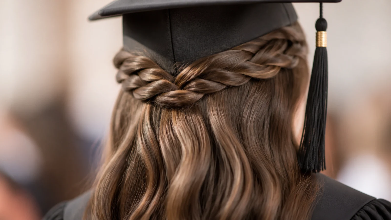 A braid wrapped around the head at ear level with length left down
