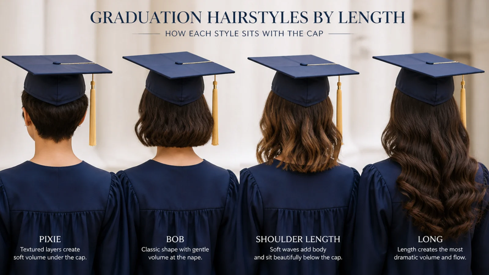 Short, mid length and long hair shown under matching caps