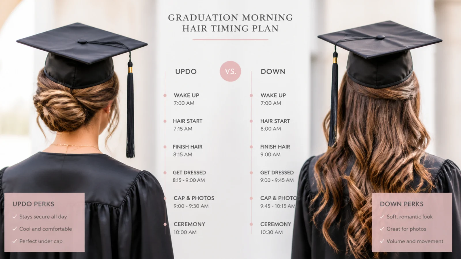 Pins, dry shampoo and hairspray laid out beside a cap and gown