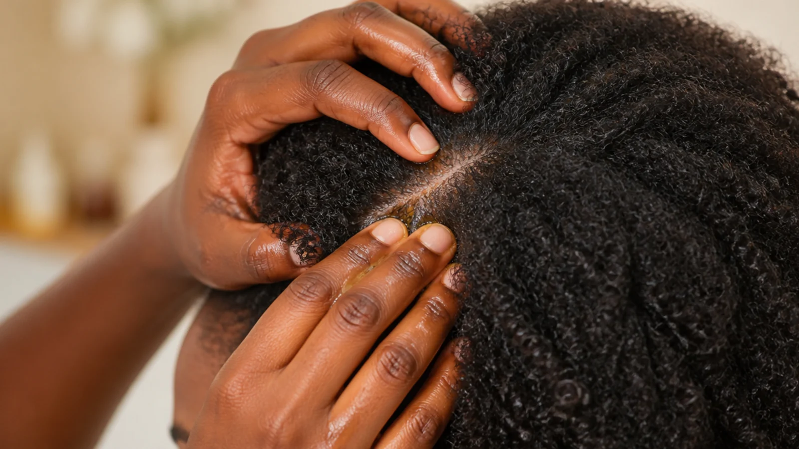 Fingertips pressed into a parted scalp with a dropper bottle nearby