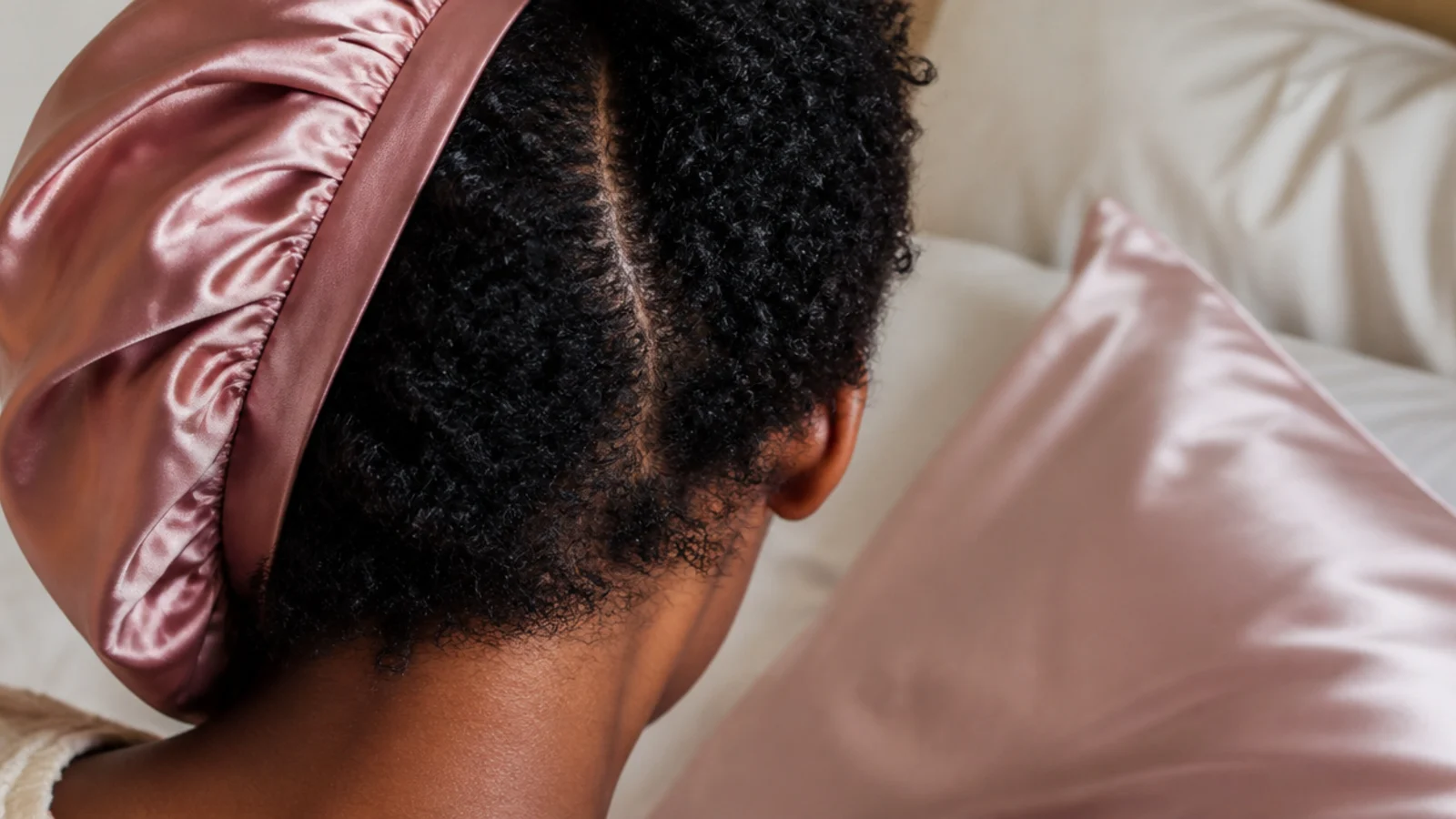 A satin bonnet pulled over twisted hair before bed