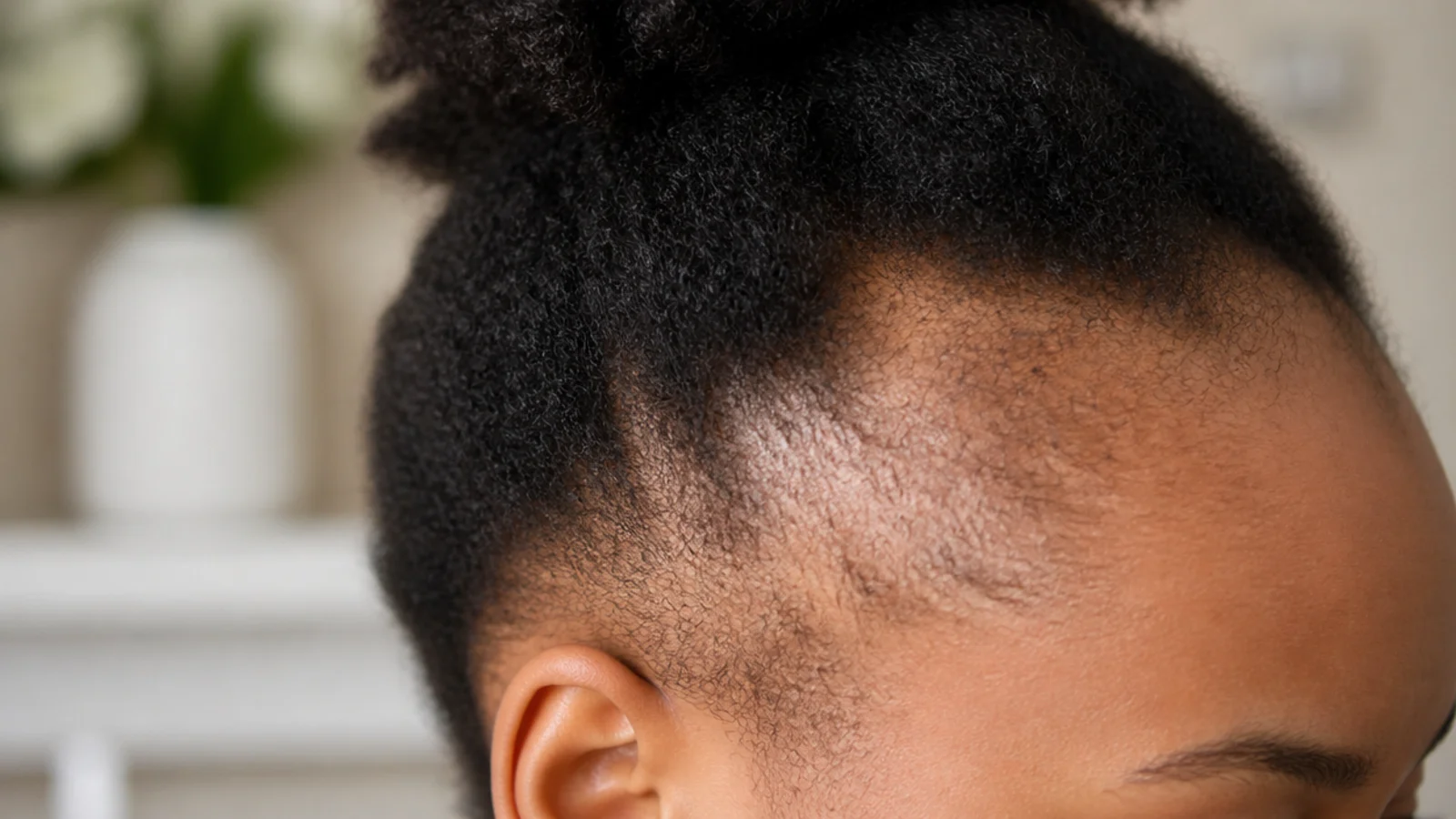 A close view of the hairline with braids sitting loose at the perimeter