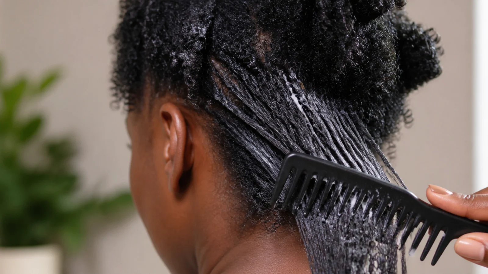 A wide tooth comb resting mid section on conditioned hair