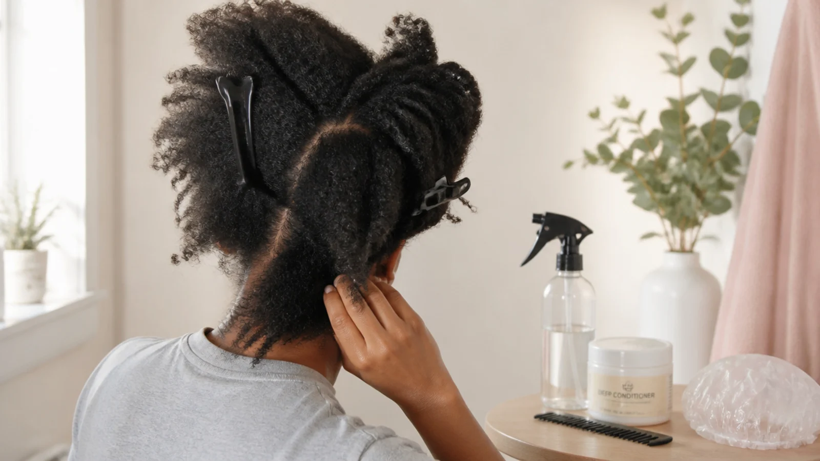 Damp hair divided into clipped sections with conditioner applied