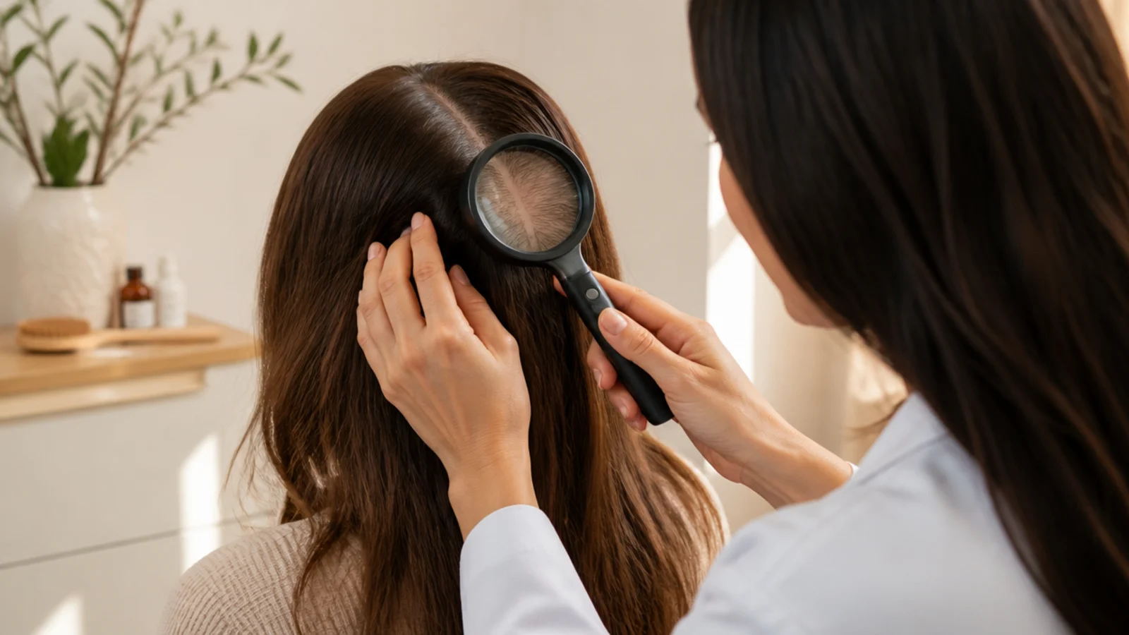 A scalp being examined section by section under a bright light