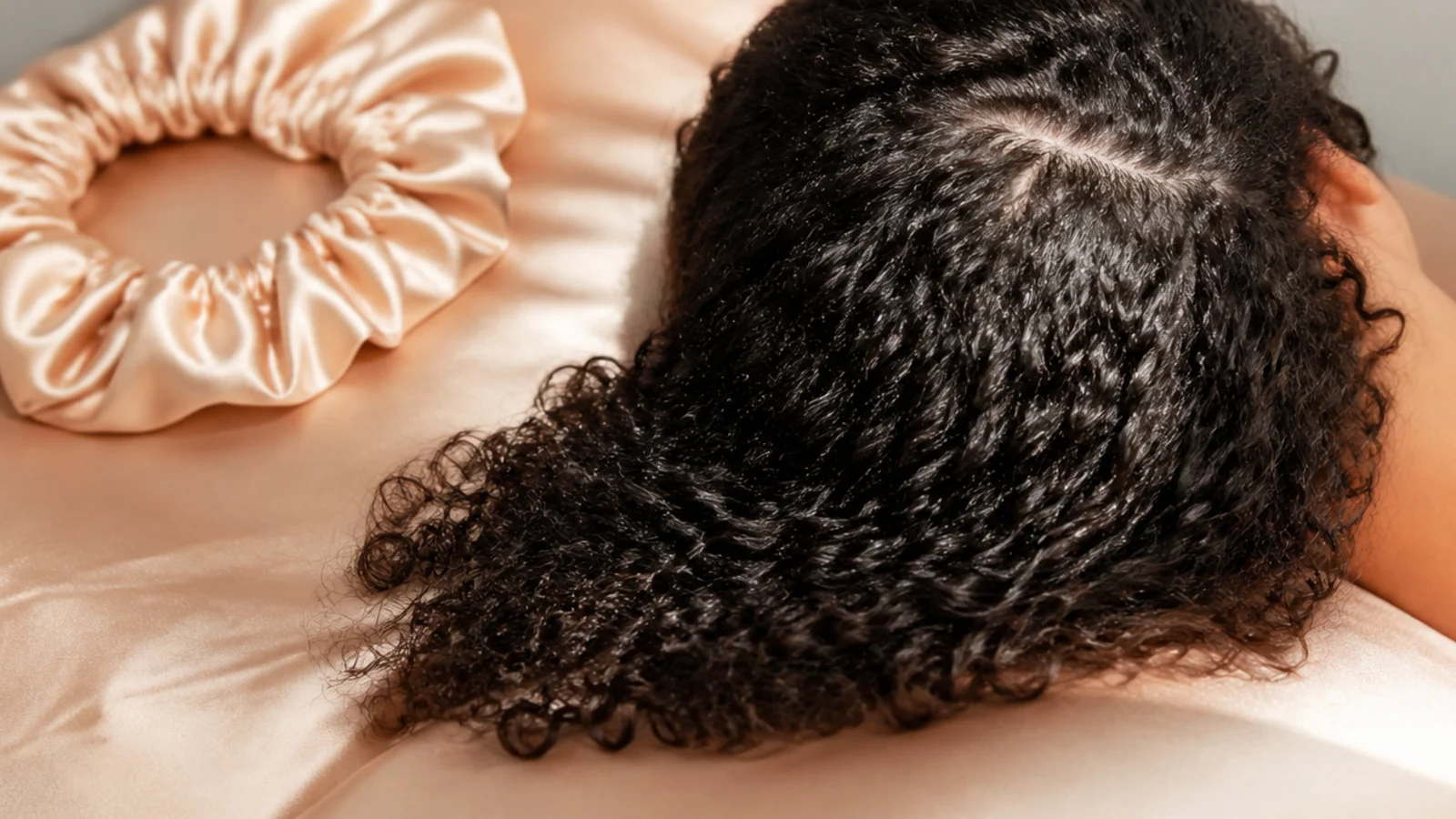 Curls spread across a smooth satin pillowcase
