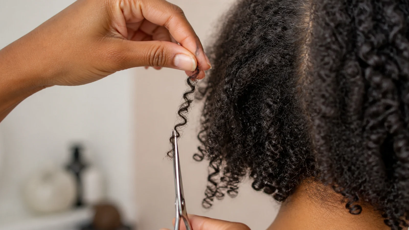 Scissors taking the end off one dry spiral held away from the rest