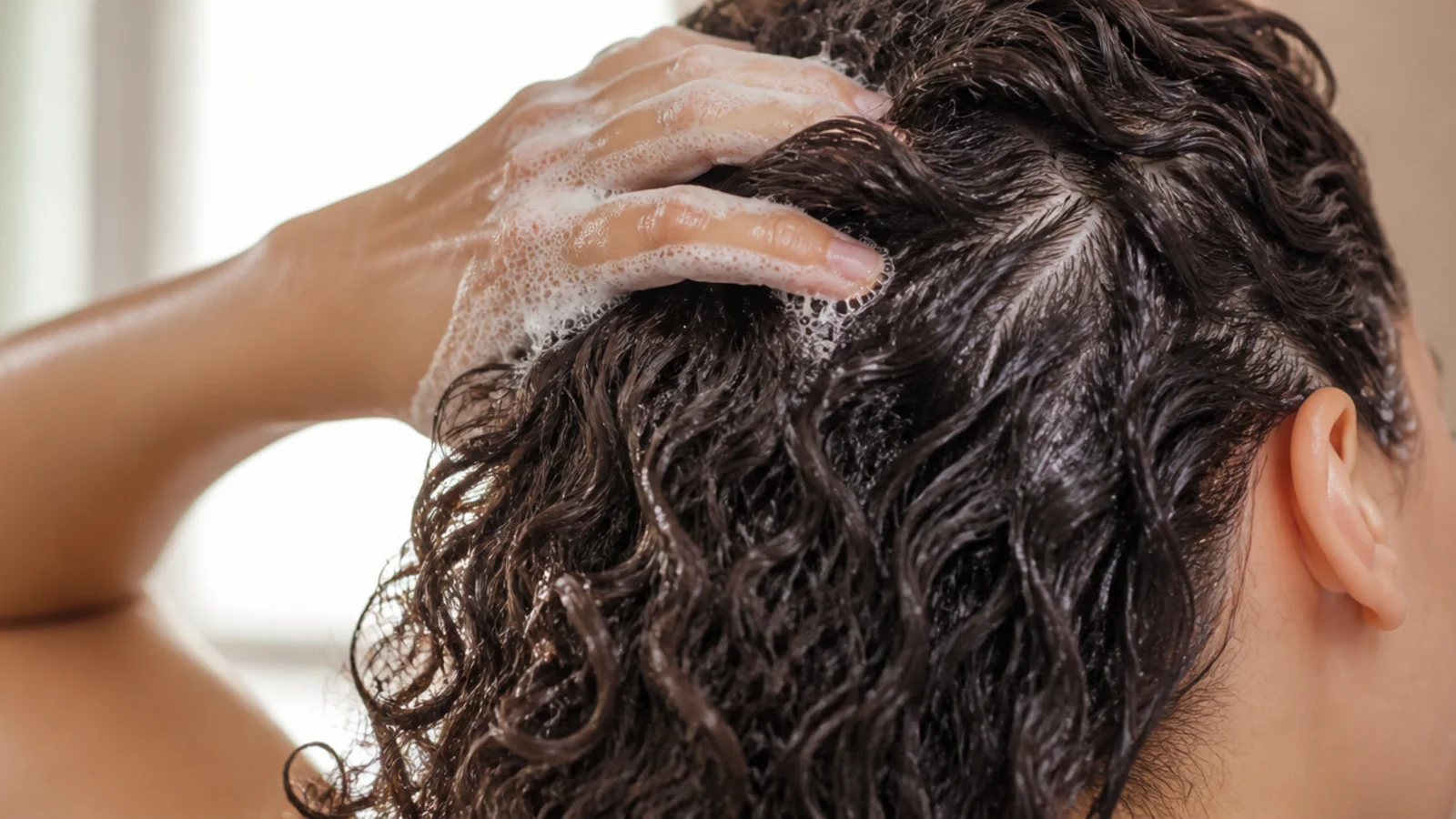 Shampoo lather worked into the scalp with the lengths hanging wet