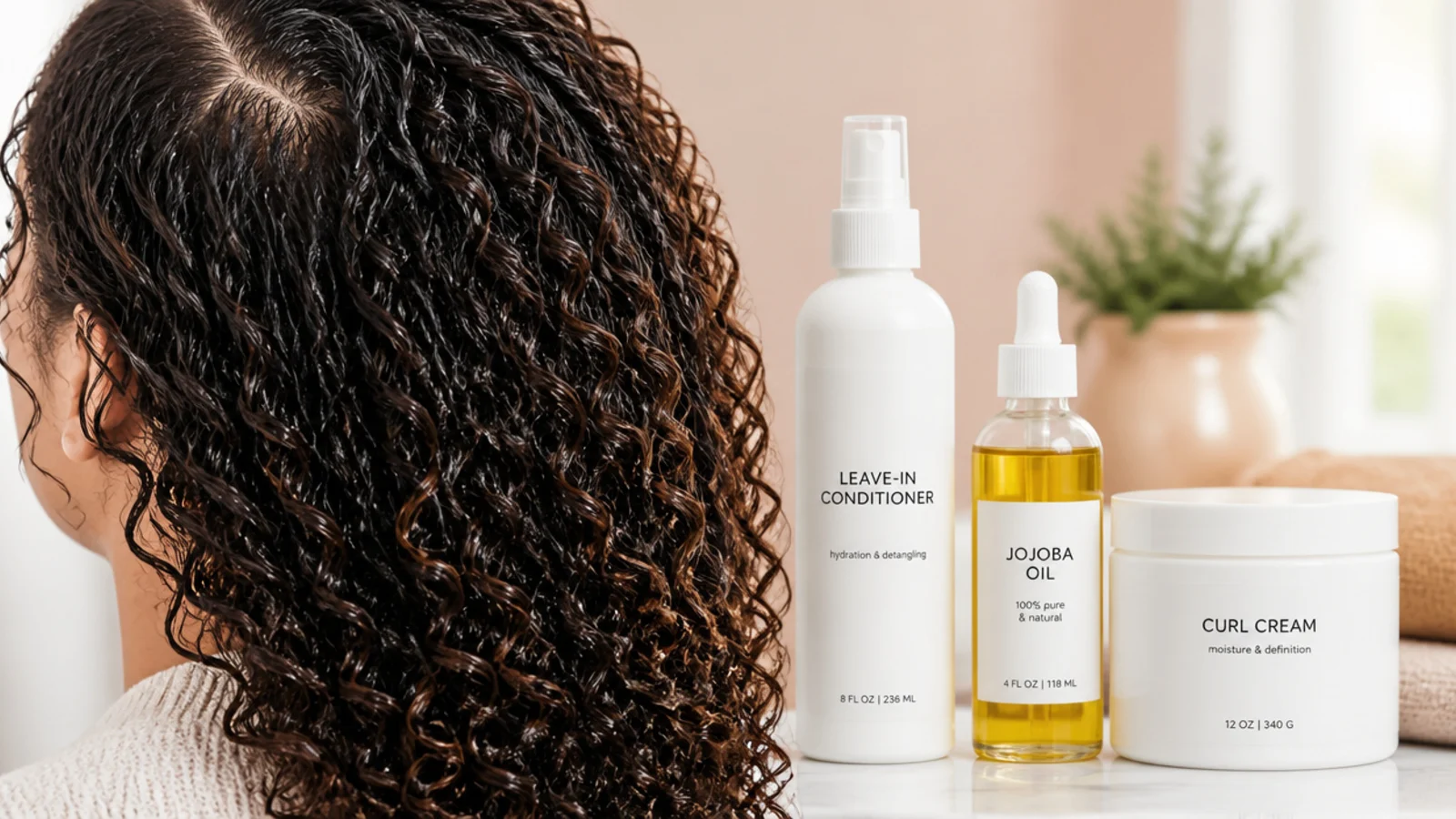 Water, oil and cream arranged in application order beside damp curls