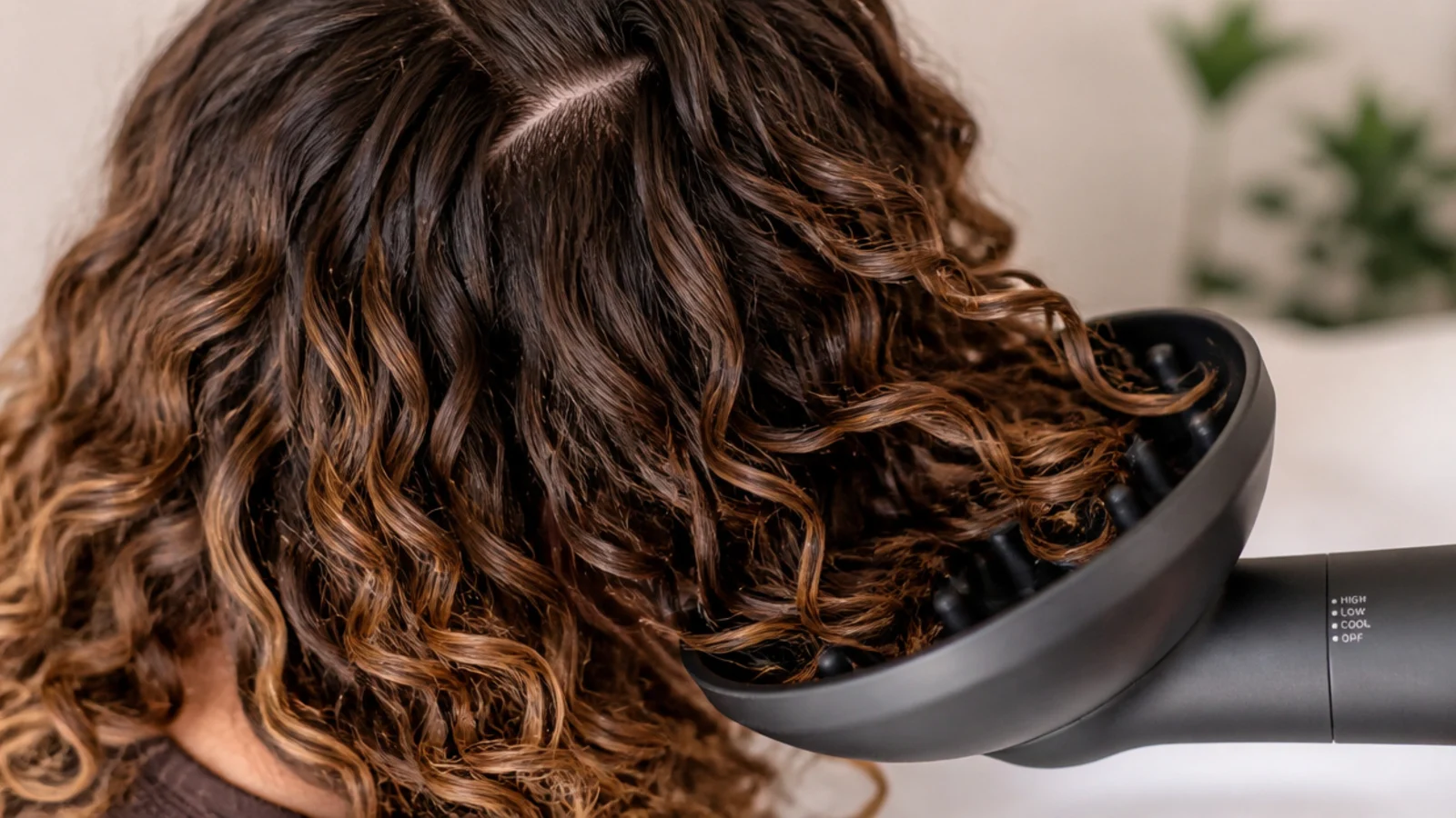A diffuser bowl cupping a section of curls close to the scalp